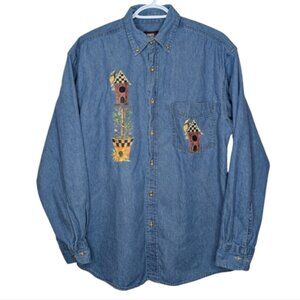 Vintage 90s Faded Glory Bird Screen Print Button Down Denim Top Unisex Mens Med
